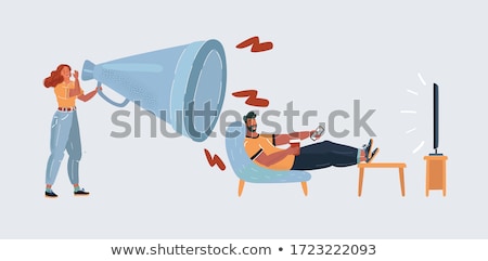 Zdjęcia stock: Woman Sitting On Loudspeaker Big Megaphone Vector