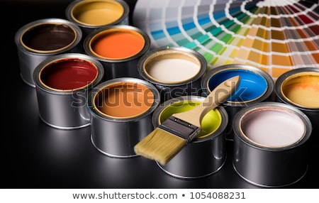 Stock fotó: Metal Tin Cans With Color Paint And Paintbrush