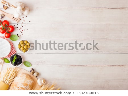 Stock fotó: Homemade Spaghetti Pasta With Quail Eggs With Bottle Of Tomato Sauce And Cheese On Wooden Background