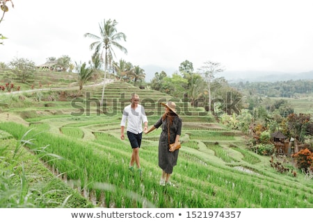 Stockfoto: Young Man On Green Cascade Rice Field Plantation Bali Indonesia