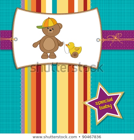 Stockfoto: New Baby Boy Announcement Card With Baby And His Toy