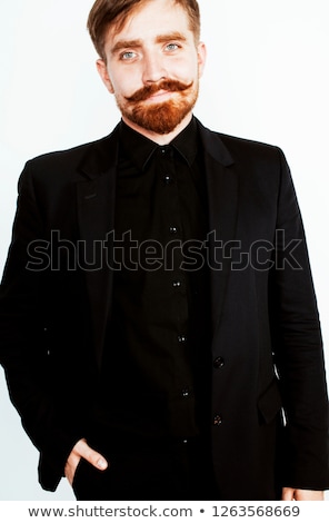Stok fotoğraf: Young Red Hair Man With Beard And Mustache In Black Suit On Whit