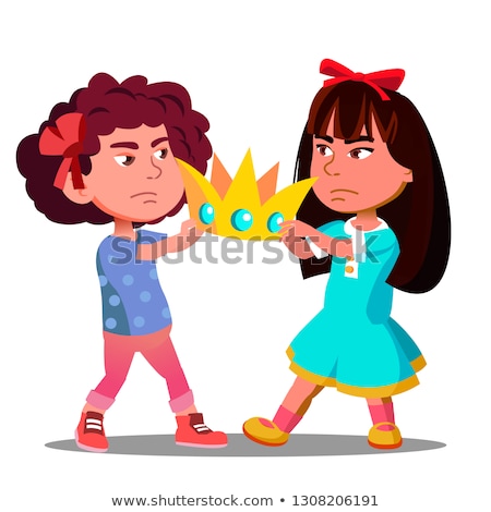 Stockfoto: Two Little Girls Pulling Out The Crown From Hands Of Each Other Vector Isolated Illustration