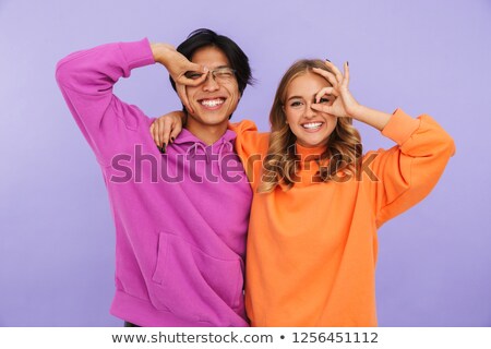 Stok fotoğraf: Young Couple Friends Students Standing Isolated Over White Wall Background Showing Okay Gesture