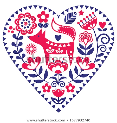 Stock fotó: Scandinavian Greeting Card Design Folk Art Retro Vector Design Ornament With Flowers In Navy Blue