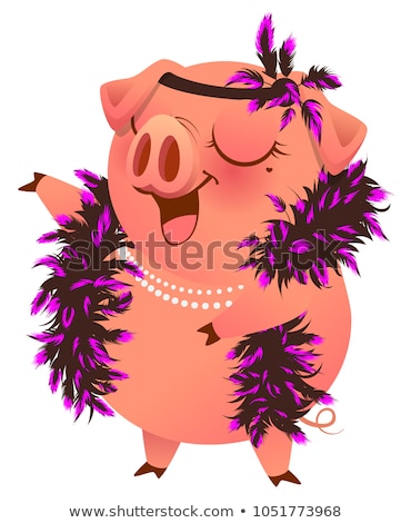 Zdjęcia stock: Pink Pig In Boa Necklet Sings Karaoke