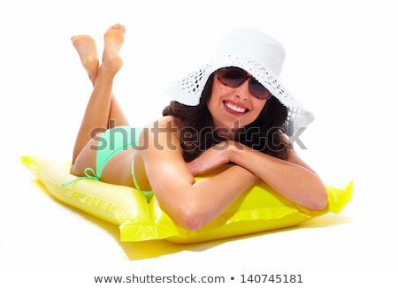 Foto stock: Young Beautiful Woman Isolated On White Background Wearing Summer Beach Hat And Bikini