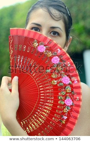 Stock fotó: Mysterious Woman Holding A Fan Black And White