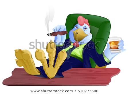 Stockfoto: Blue Fat Cock Boss With Cigar And Whiskey Put His Feet On Table Rooster Symbol 2017