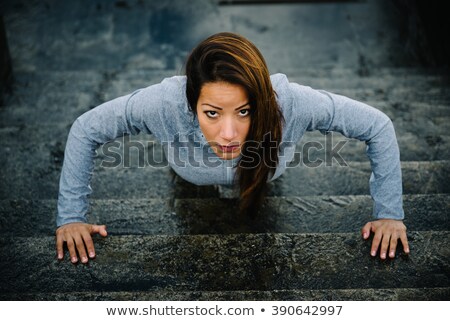 Stock photo: Urban Fitness Woman Workout Doing Torso Elevated Push Ups On Urban Stairs Motivated Strong Female A