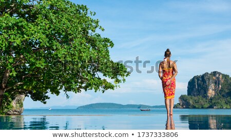 Foto stock: Back View Of Woman In Thai Summer Dress Looking The Sea At Krabi Thailand Asia Travel And Vacation