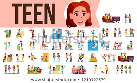 Stok fotoğraf: Teen Set Vector Teenager Spending Time Together At Home Outdoor Girl Guy Lifestyle Situations