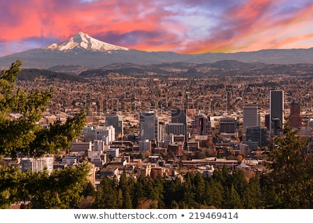 [[stock_photo]]: Portland Oregon Cityscape And Mount Hood At Sunrise