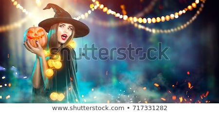 Сток-фото: Witch With Lighted Lantern In Magic Fog