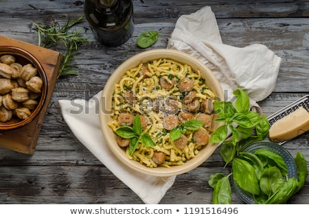 Stock foto: Homemade Spaetzle Barbecue Sausage And Fresh Cheese