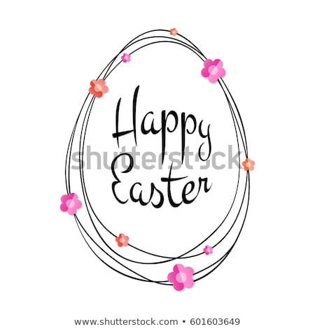 Foto stock: Happy Easter And Easter Eggs With Flowers Drawn Labels