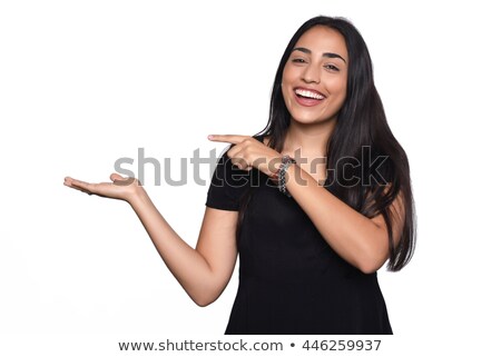 Zdjęcia stock: Smiling Woman Holding Something Imaginary On Palm