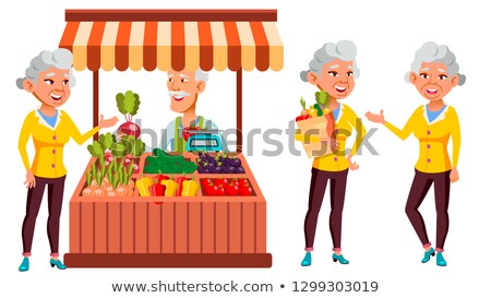 Сток-фото: Asian Old Woman Poses Set Vector Elderly People Ecological Vegetables Market Senior Person Aged