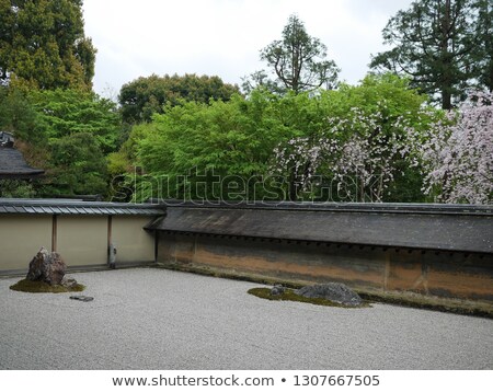 Stock fotó: View Of Japanese Sand Garden From Wooden Bench