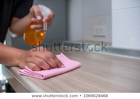 Foto d'archivio: Young Woman Cleaning Furniture With Spray Bottle