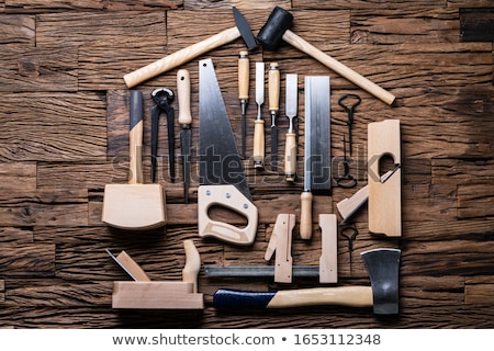 [[stock_photo]]: Utils · de · menuisier · Saw · Hammer · Wood · Tape · Avion · Gouge