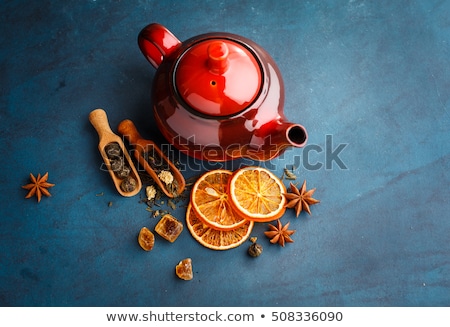 Stockfoto: Different Sorts Of Green Tea And Cup And Teapot