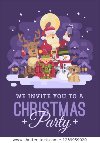 Foto stock: Santa Claus With Reindeer Elf Snowman And Dog Taking A Selfie