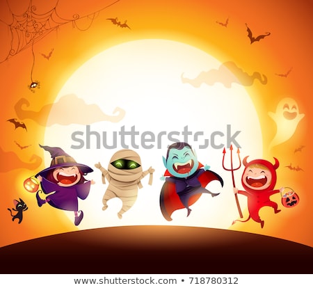 Foto stock: Cute Halloween Kid In Ghost Costume Cartoon Vector Illustration