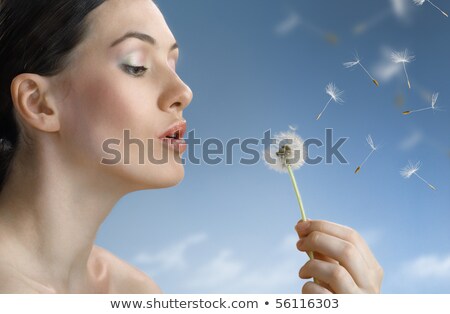 Foto stock: Portrait Of Girl With Blue Sky And Dandelions