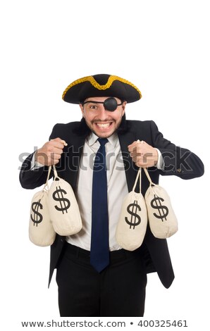 Stock fotó: Pirate Businessman Holding Money Bags Isolated On White