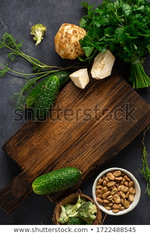 Foto stock: Fresh Green Beans On Dark Wooden Rustic Background Top View Copy Space Flat Lay