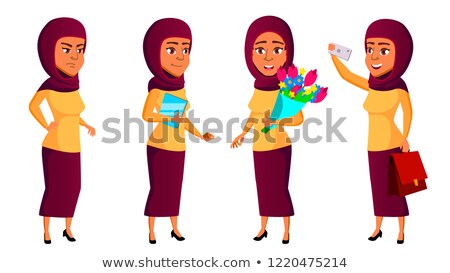 Foto d'archivio: Teen Girl Poses Set Vector Arab Muslim Leisure Smile For Web Brochure Poster Design Isolated