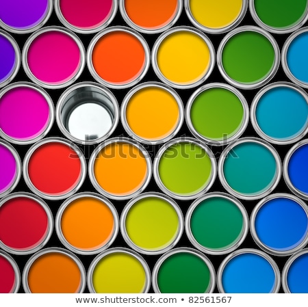 商業照片: Paint Cans Color Palette Cans Opened Top View Isolated On White