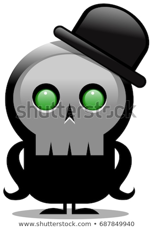ストックフォト: Creepy Cartoon Skull Character With Bowler Hat Over White