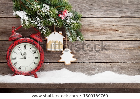 Stock photo: Christmas Fir Tree Branch Covered By Snow On Wood