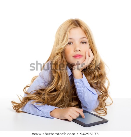 Foto d'archivio: Blond Student Kid With Ebook Tablet Pc Portrait In Desk