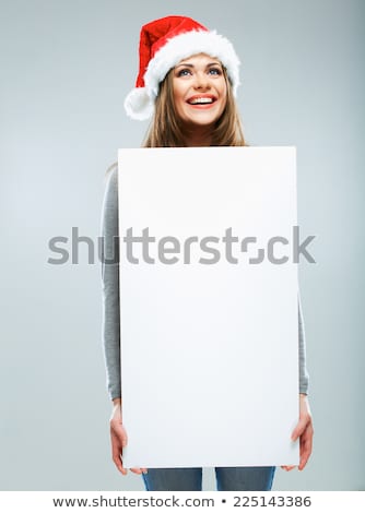 Stock fotó: Christmas Woman Hold Big White Card Copyspace