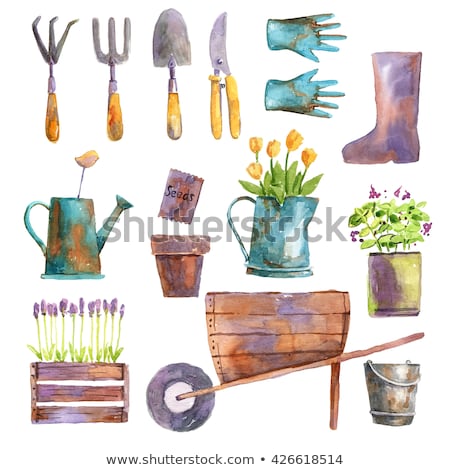 ストックフォト: 袋のじょうろとガーデン · ツールが付いているテラコッタの植木鉢