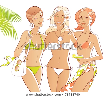 Stok fotoğraf: Three Smiling Happy Girls Posing In Bikini