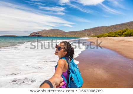 Galapagos Tourists Having Fun On Travel On Espumilla Beach Santiago Galapagos Stok fotoğraf © Maridav