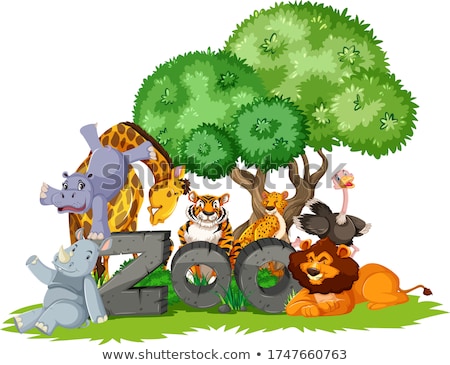 Imagine de stoc: Group Of Animals Under The Tree With Zoo Sign