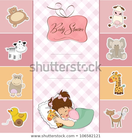 Zdjęcia stock: Childish Baby Girl Announcement Card With Hippo Toy
