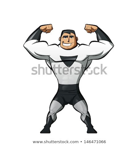 Zdjęcia stock: Super Strong Hero In Black And White Suit In A Power Gesture