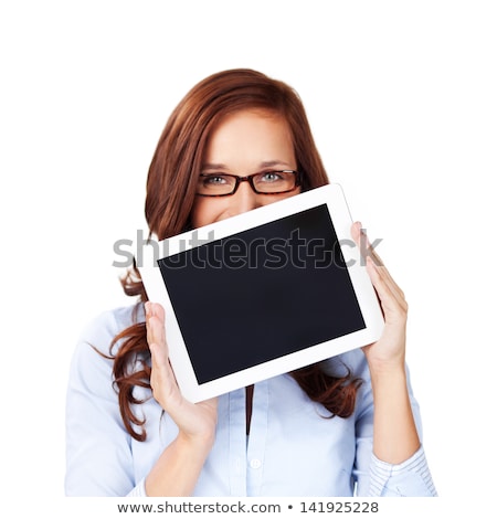 Stock foto: Happy Confident Woman Holding Her Touchpad