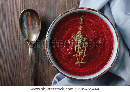Stok fotoğraf: Vegetarian Hot Diet Beetroot Soup With Vegetables On Plate Top View Dark Background