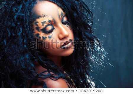 Zdjęcia stock: Beauty Afro Girl With Cat Make Up Creative Leopard Print Closeup