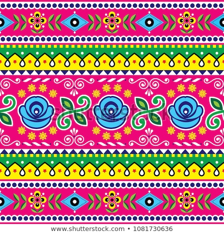 Stockfoto: Indian Seamless Vector Pattern Pakistani Truck Art Design Navy Blue And Pink Ornament With Flowers