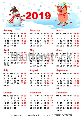 Stock photo: Calendar 2019 Year Grid Pig Skiing And Snowman