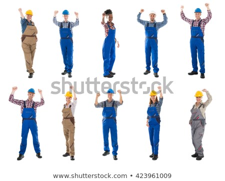 ストックフォト: Cheering Tradesman With Raised Arm Against A White Background