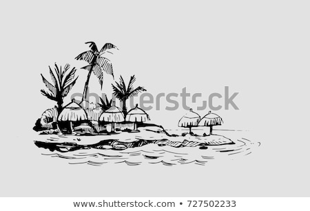 Foto stock: Island With Palms And Bungalow Vector Illustration